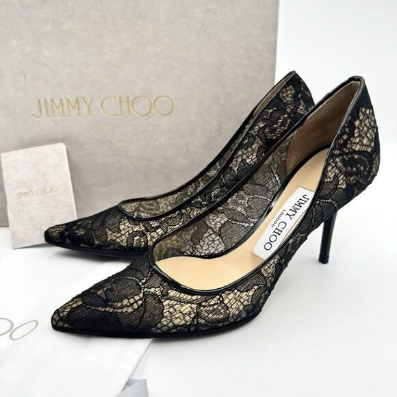 JIMMY CHOO Agnes Pointed-Toe Pumps in Black Lace - Picture 1 of 12